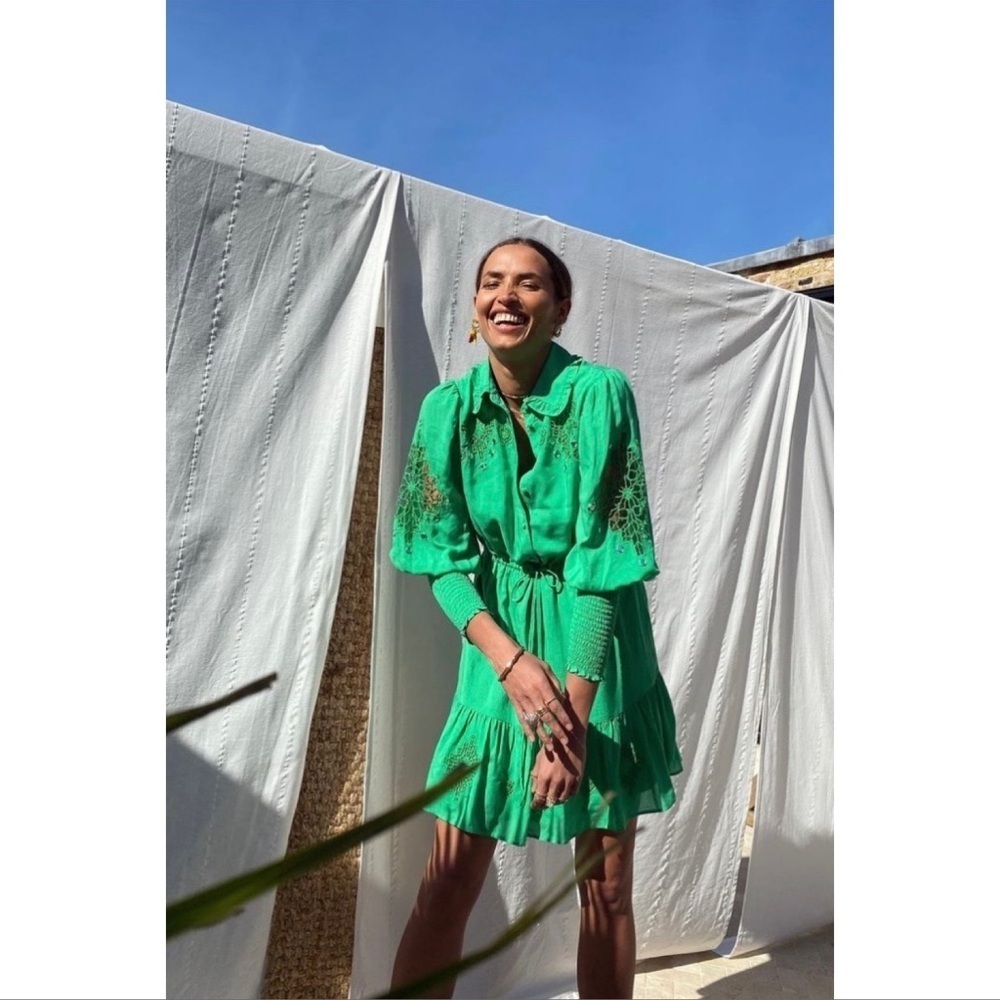 NEVER FULLY DRESSED Green Long Sleeve Embroidered Mini Dress